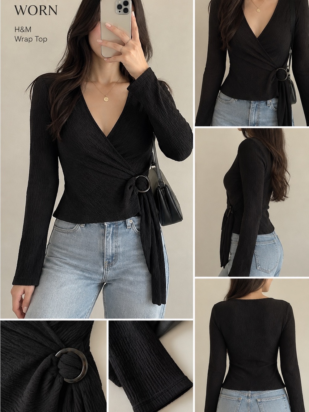 H&M Black Textured Wrap Top with Ring Tie